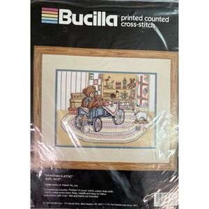 Bucilla "Grandmas Attic" Printed Counted Cross Stitch Kit 9x12 Teddy Bears Toys
